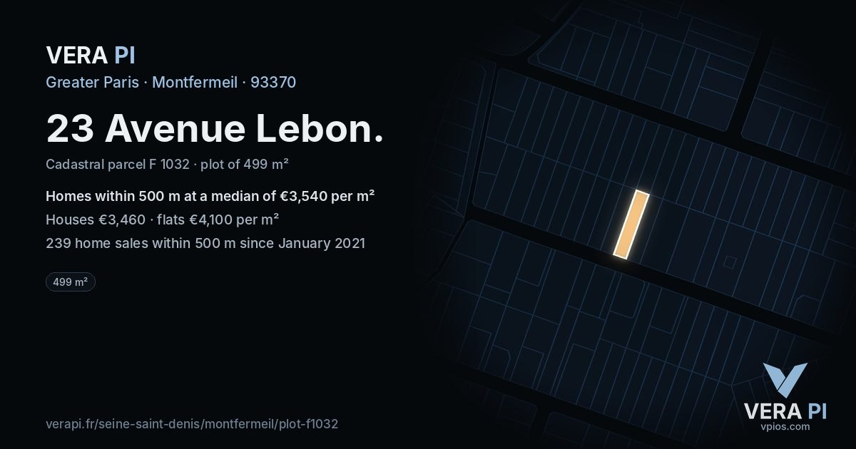 23 Avenue Lebon, Montfermeil at night – the plot lit, the parcels around coloured by the prices near them