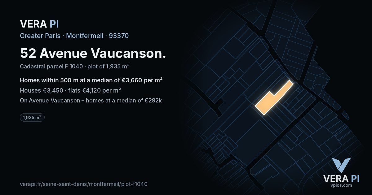 52 Avenue Vaucanson, Montfermeil at night – the plot lit, the parcels around coloured by the prices near them