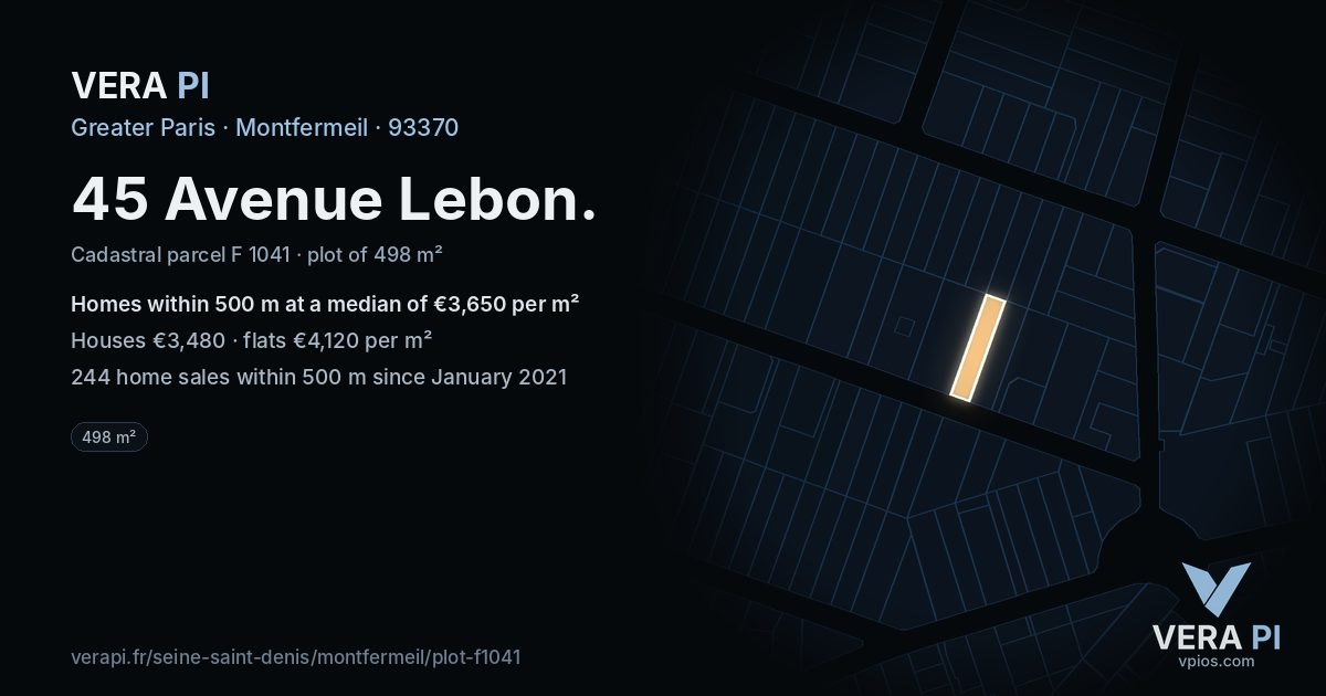 45 Avenue Lebon, Montfermeil at night – the plot lit, the parcels around coloured by the prices near them