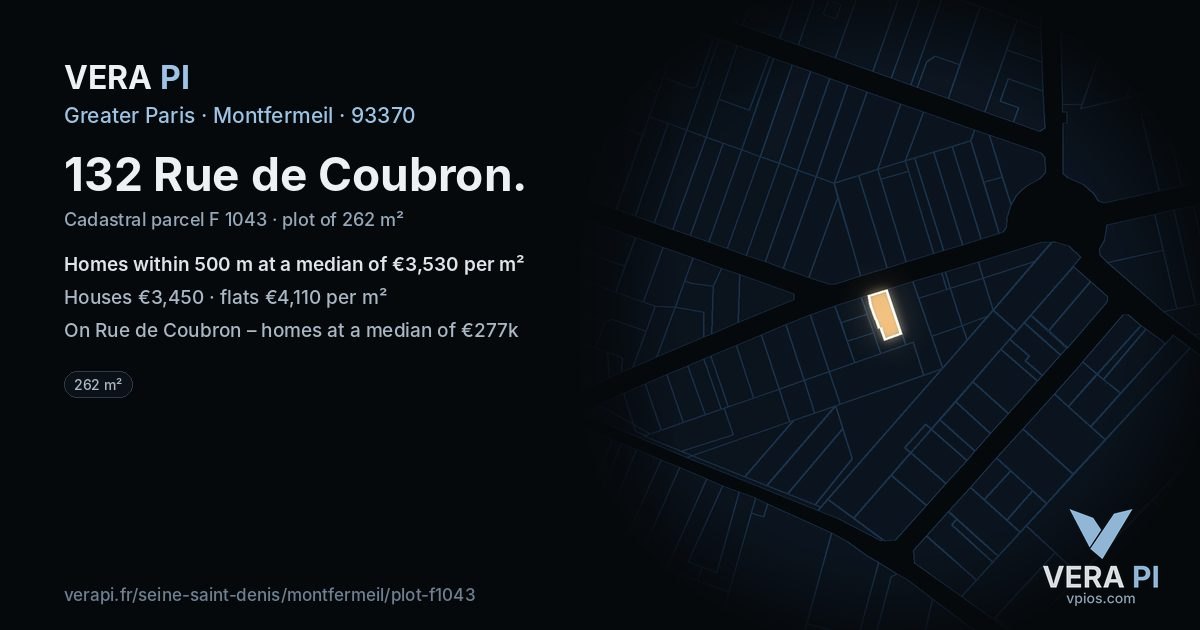 132 Rue de Coubron, Montfermeil at night – the plot lit, the parcels around coloured by the prices near them