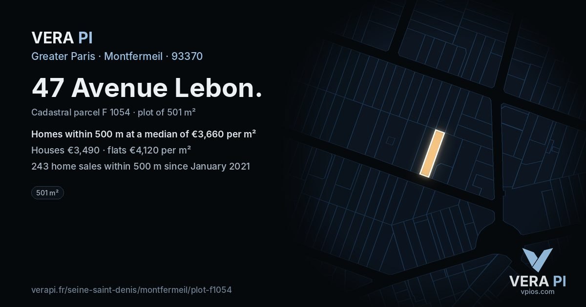 47 Avenue Lebon, Montfermeil at night – the plot lit, the parcels around coloured by the prices near them