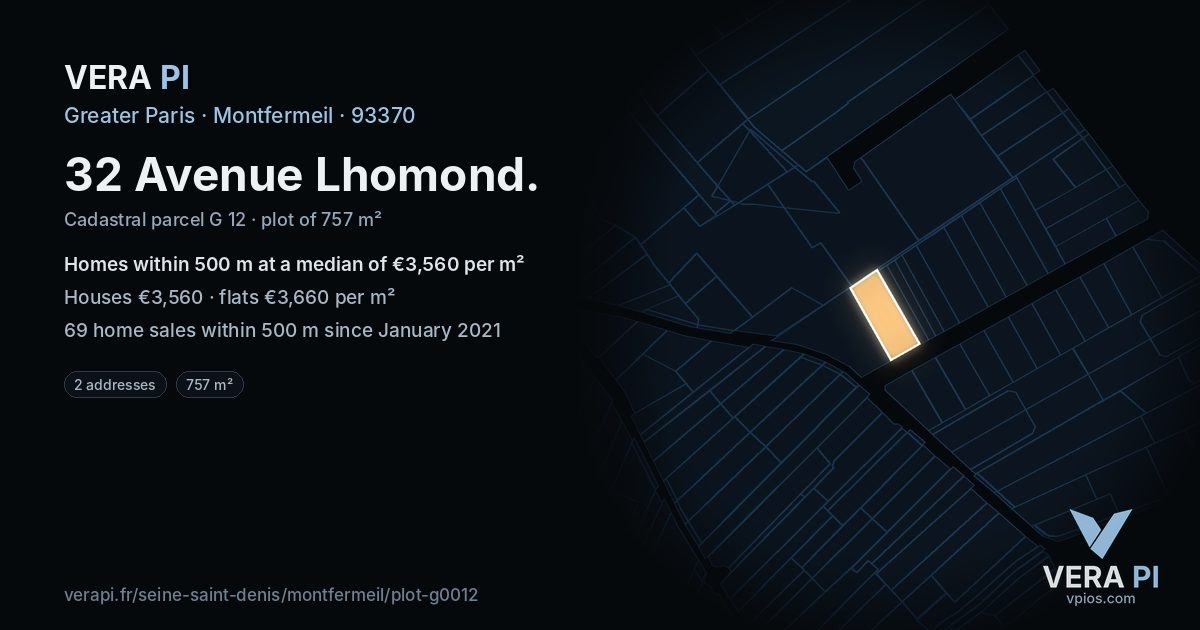 32 Avenue Lhomond, Montfermeil at night – the plot lit, the parcels around coloured by the prices near them