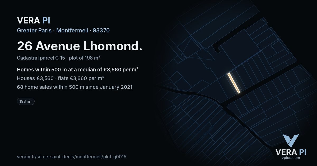26 Avenue Lhomond, Montfermeil at night – the plot lit, the parcels around coloured by the prices near them