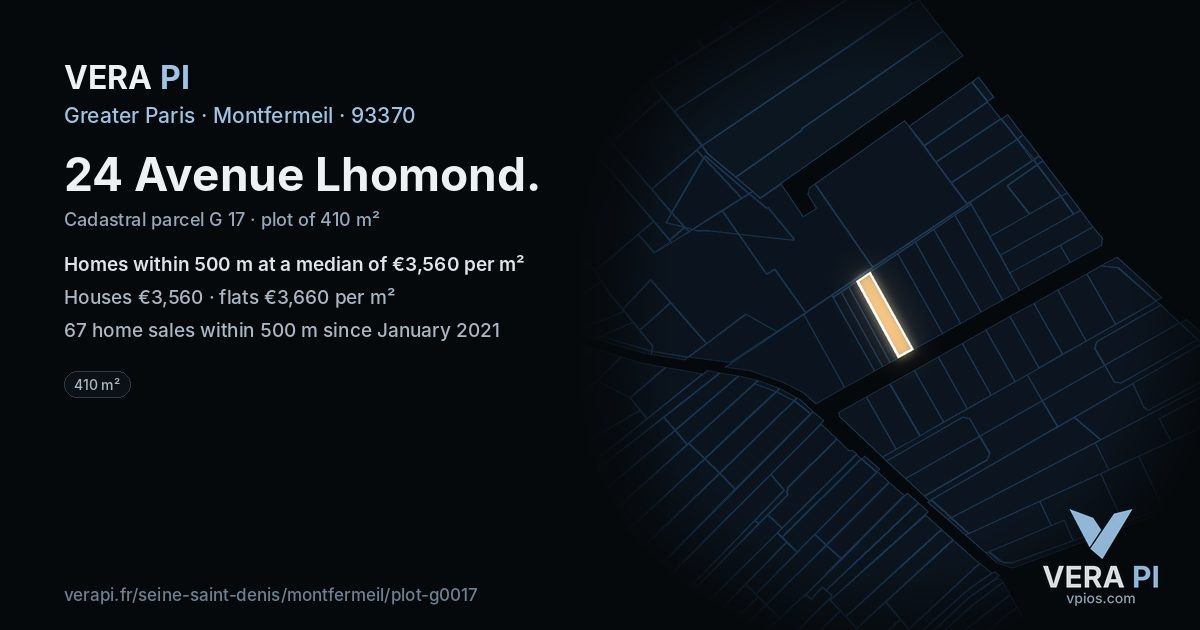 24 Avenue Lhomond, Montfermeil at night – the plot lit, the parcels around coloured by the prices near them