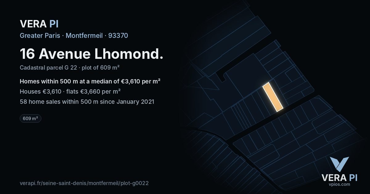 16 Avenue Lhomond, Montfermeil at night – the plot lit, the parcels around coloured by the prices near them