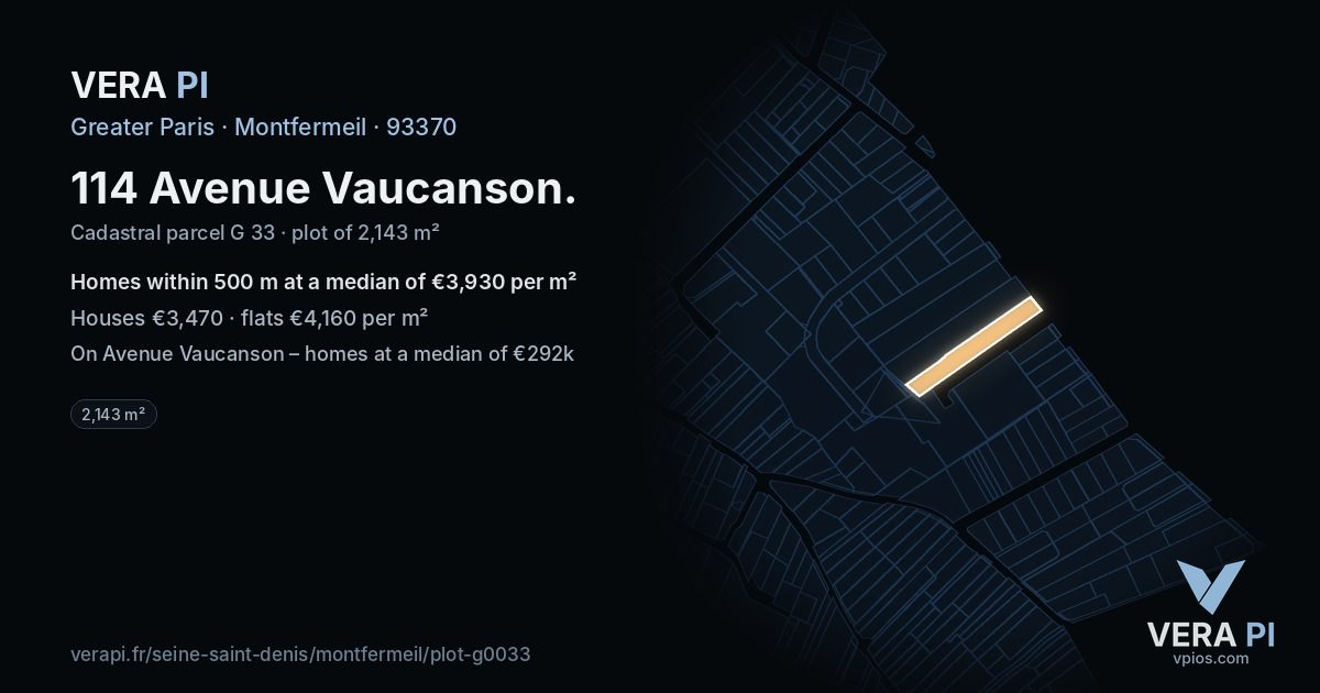 114 Avenue Vaucanson, Montfermeil at night – the plot lit, the parcels around coloured by the prices near them