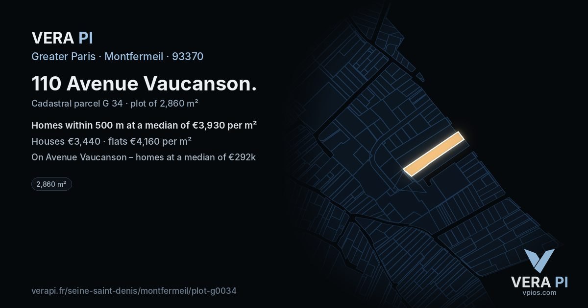 110 Avenue Vaucanson, Montfermeil at night – the plot lit, the parcels around coloured by the prices near them