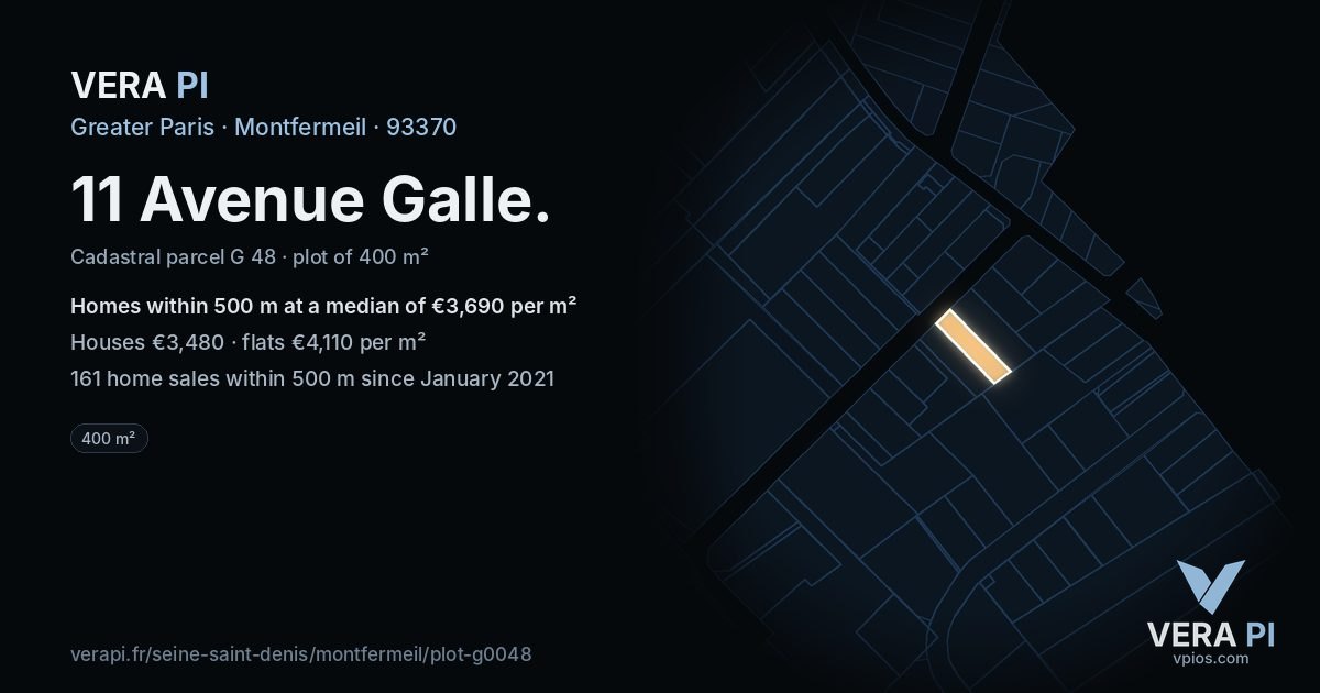 11 Avenue Galle, Montfermeil at night – the plot lit, the parcels around coloured by the prices near them