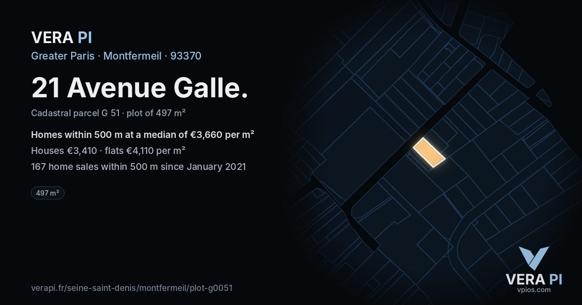 21 Avenue Galle, Montfermeil at night – the plot lit, the parcels around coloured by the prices near them
