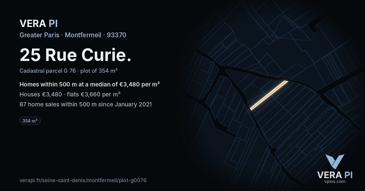 25 Rue Curie, Montfermeil at night – the plot lit, the parcels around coloured by the prices near them
