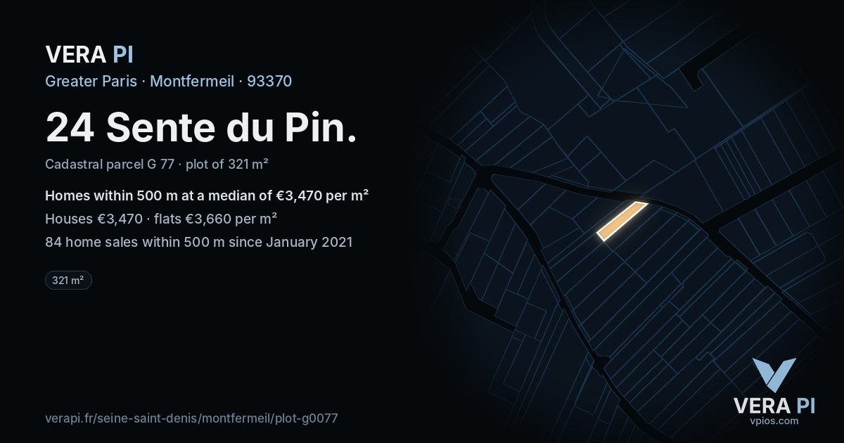 24 Sente du Pin, Montfermeil at night – the plot lit, the parcels around coloured by the prices near them