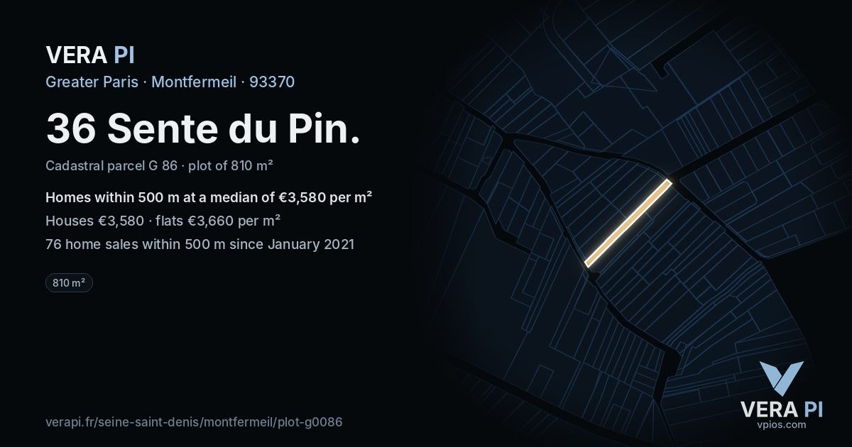 36 Sente du Pin, Montfermeil at night – the plot lit, the parcels around coloured by the prices near them