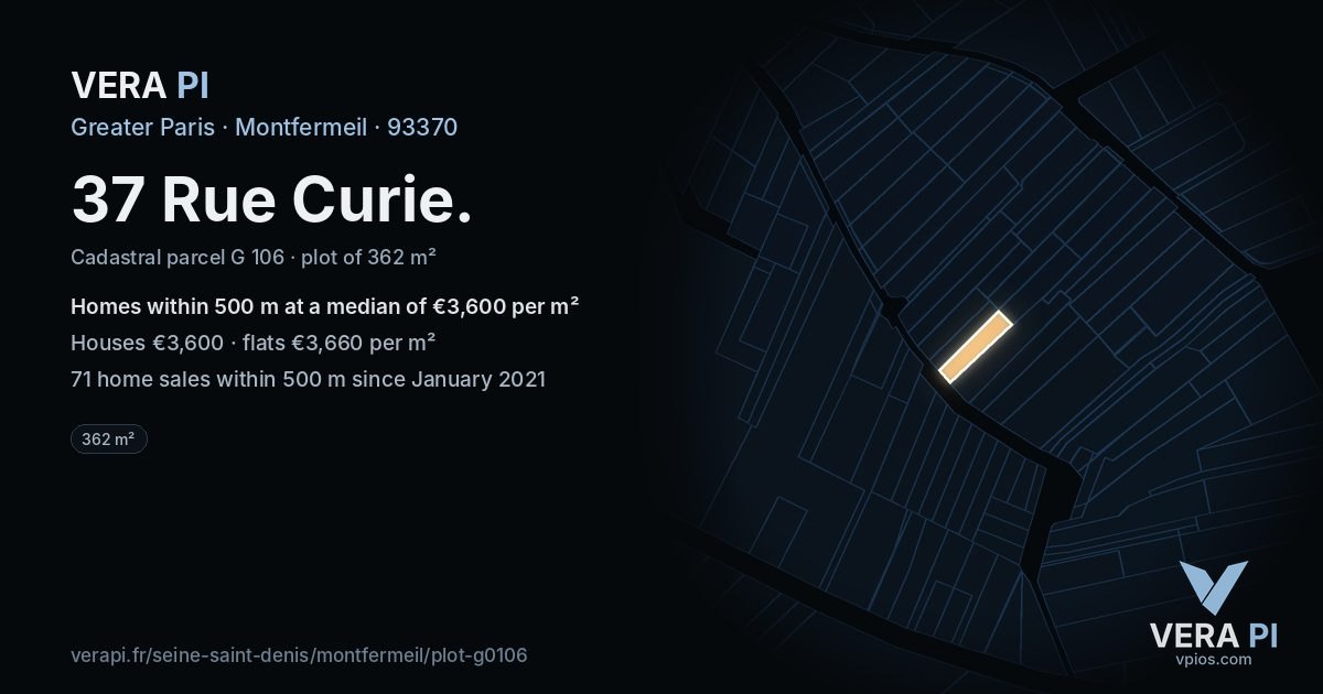 37 Rue Curie, Montfermeil at night – the plot lit, the parcels around coloured by the prices near them