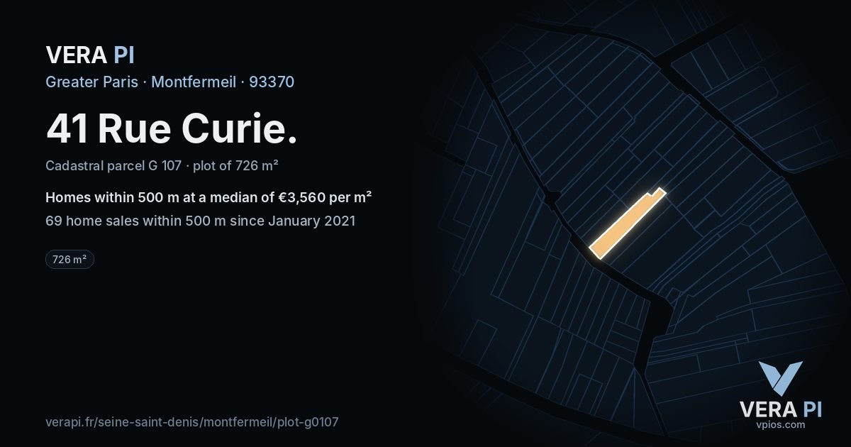 41 Rue Curie, Montfermeil at night – the plot lit, the parcels around coloured by the prices near them