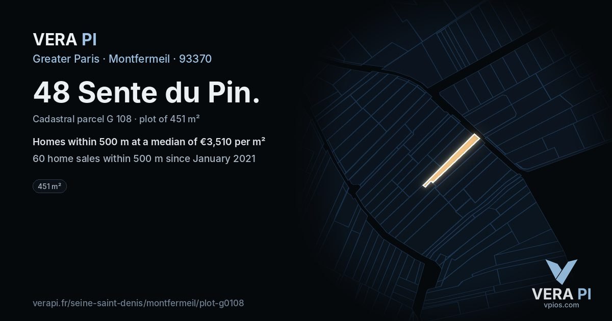 48 Sente du Pin, Montfermeil at night – the plot lit, the parcels around coloured by the prices near them