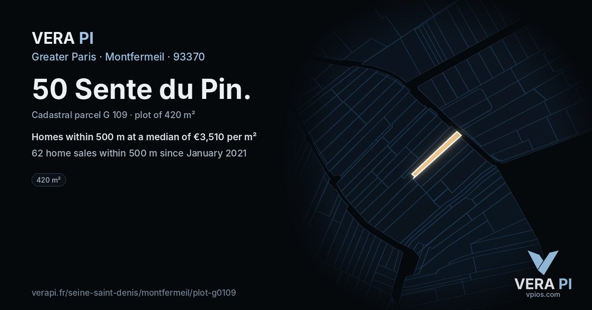 50 Sente du Pin, Montfermeil at night – the plot lit, the parcels around coloured by the prices near them