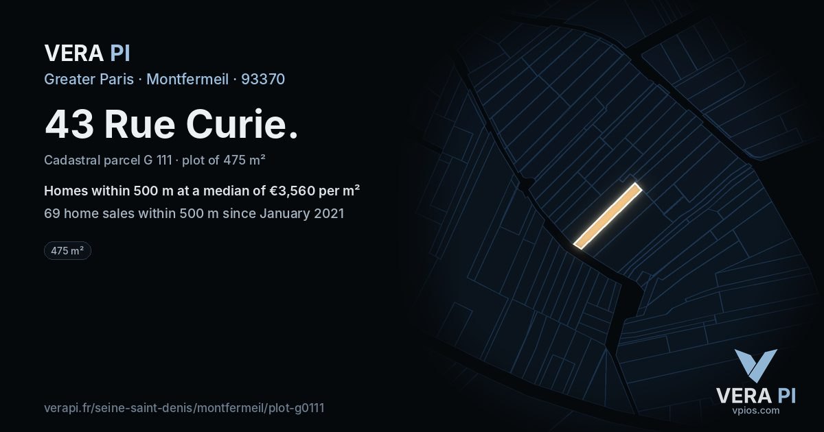 43 Rue Curie, Montfermeil at night – the plot lit, the parcels around coloured by the prices near them