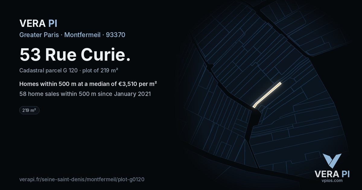 53 Rue Curie, Montfermeil at night – the plot lit, the parcels around coloured by the prices near them