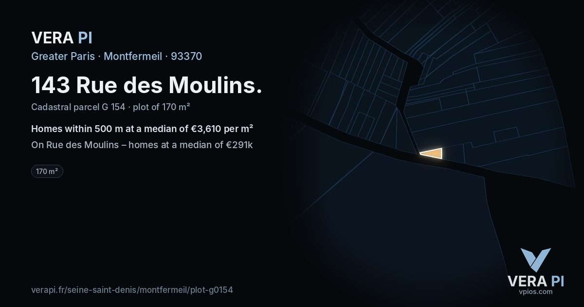 143 Rue des Moulins, Montfermeil at night – the plot lit, the parcels around coloured by the prices near them