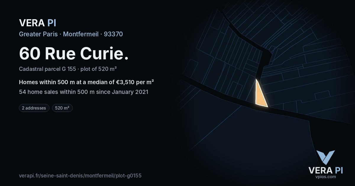 60 Rue Curie, Montfermeil at night – the plot lit, the parcels around coloured by the prices near them