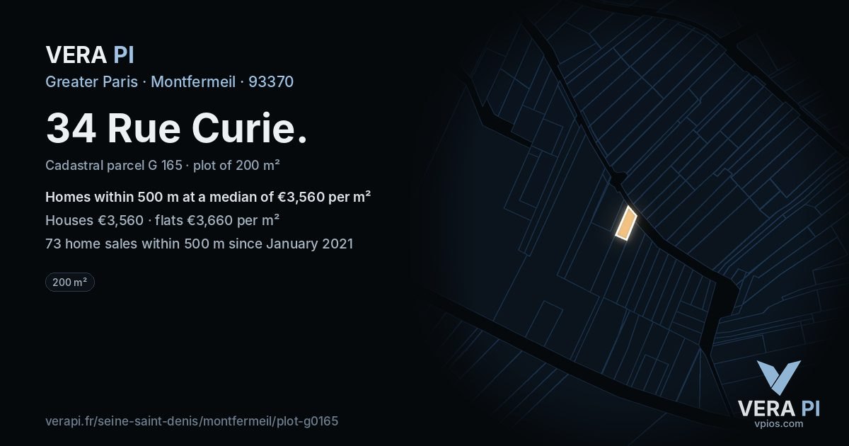 34 Rue Curie, Montfermeil at night – the plot lit, the parcels around coloured by the prices near them
