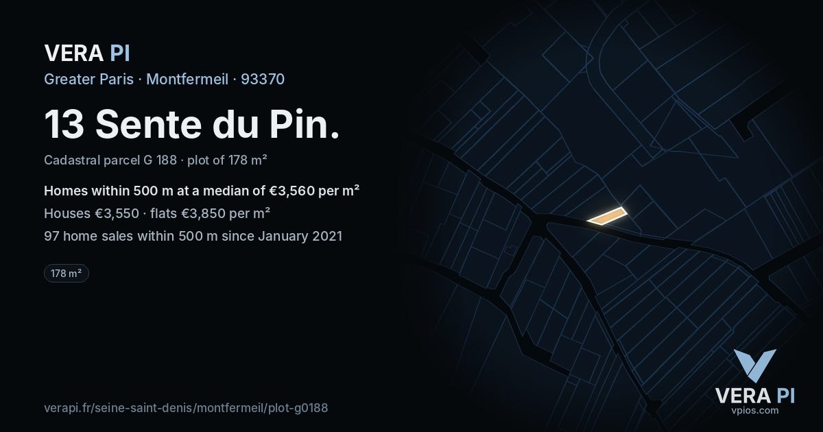 13 Sente du Pin, Montfermeil at night – the plot lit, the parcels around coloured by the prices near them