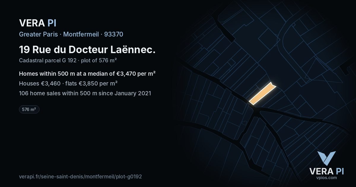 19 Rue du Docteur Laënnec, Montfermeil at night – the plot lit, the parcels around coloured by the prices near them