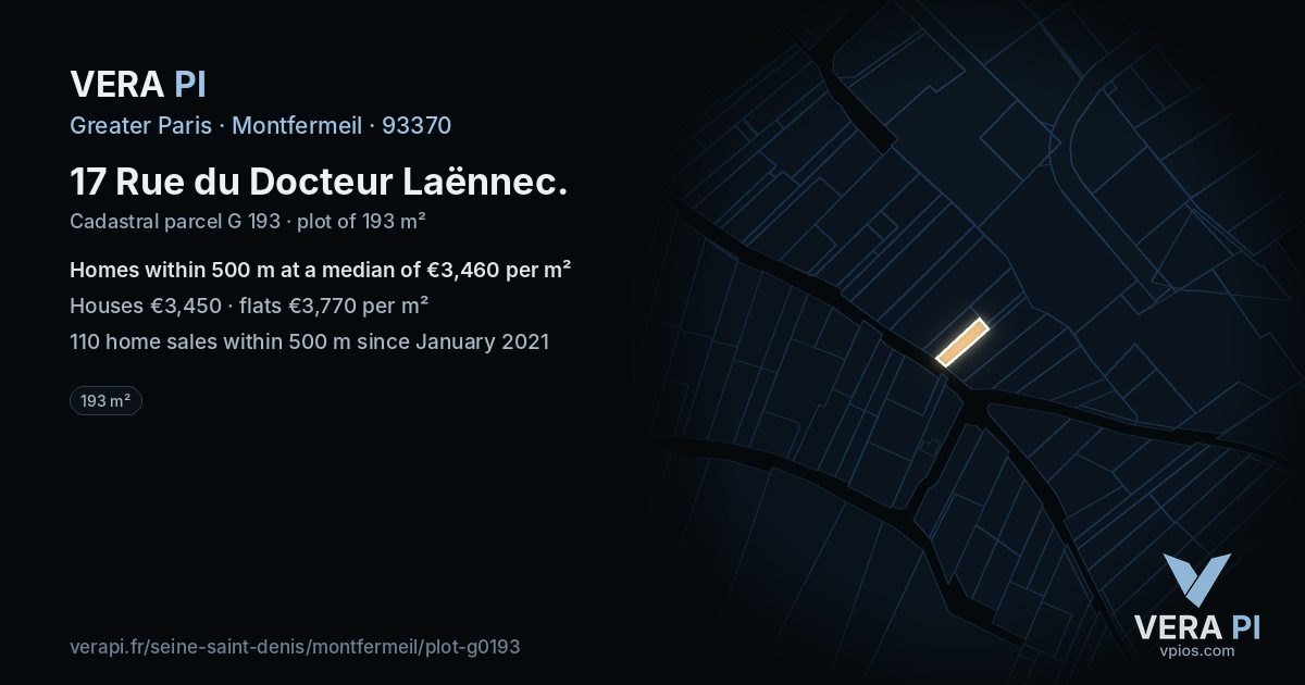 17 Rue du Docteur Laënnec, Montfermeil at night – the plot lit, the parcels around coloured by the prices near them