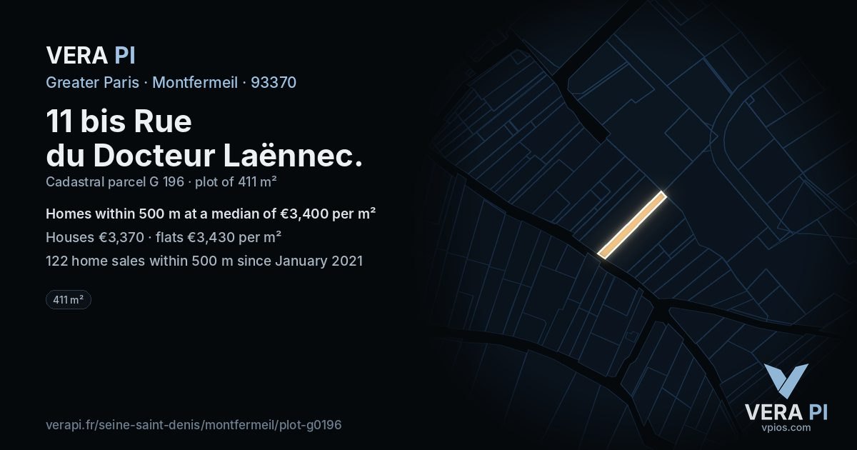 11 bis Rue du Docteur Laënnec, Montfermeil at night – the plot lit, the parcels around coloured by the prices near them