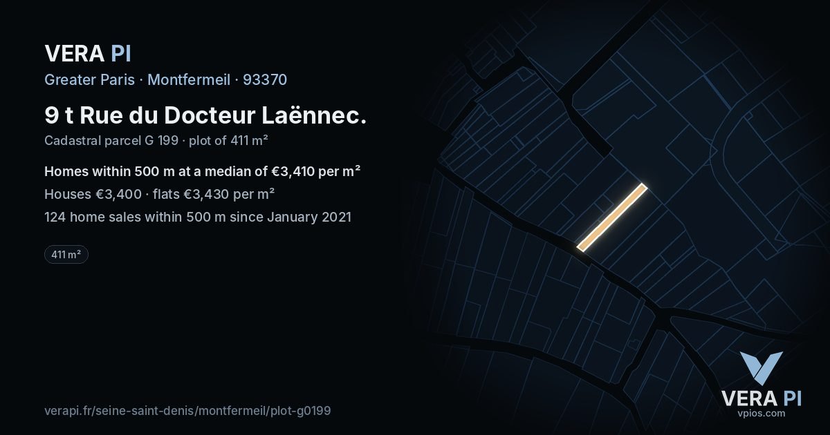 9 t Rue du Docteur Laënnec, Montfermeil at night – the plot lit, the parcels around coloured by the prices near them