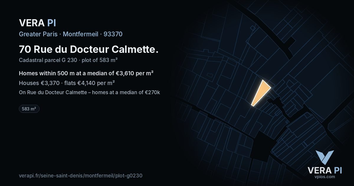 70 Rue du Docteur Calmette, Montfermeil at night – the plot lit, the parcels around coloured by the prices near them