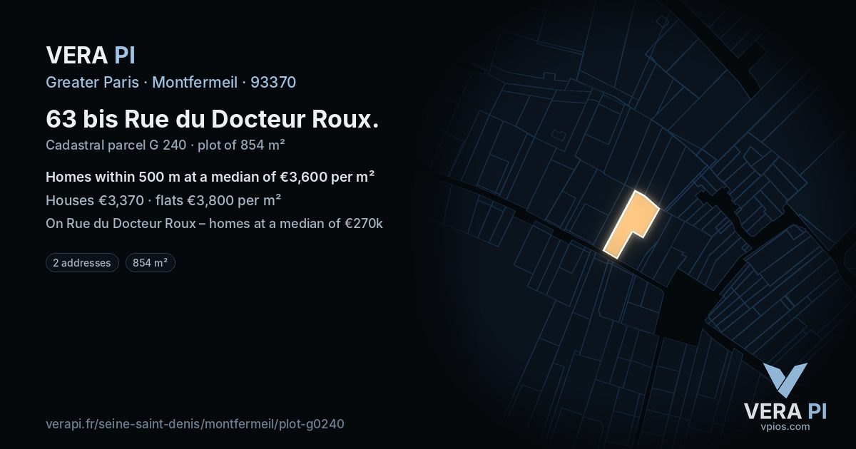 63 bis Rue du Docteur Roux, Montfermeil at night – the plot lit, the parcels around coloured by the prices near them