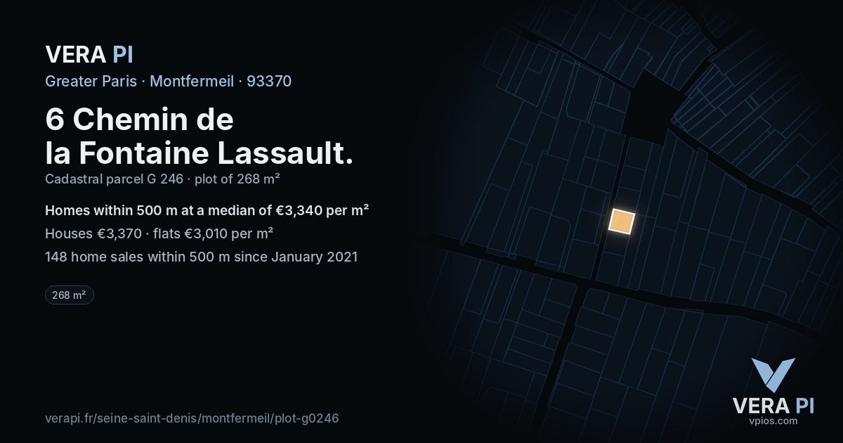 6 Chemin de la Fontaine Lassault, Montfermeil at night – the plot lit, the parcels around coloured by the prices near them