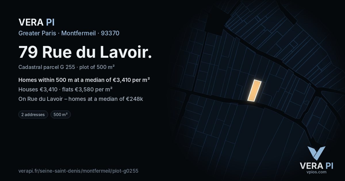 79 Rue du Lavoir, Montfermeil at night – the plot lit, the parcels around coloured by the prices near them