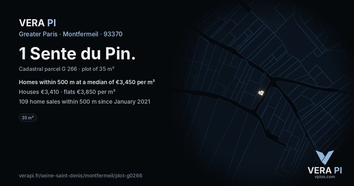 1 Sente du Pin, Montfermeil at night – the plot lit, the parcels around coloured by the prices near them