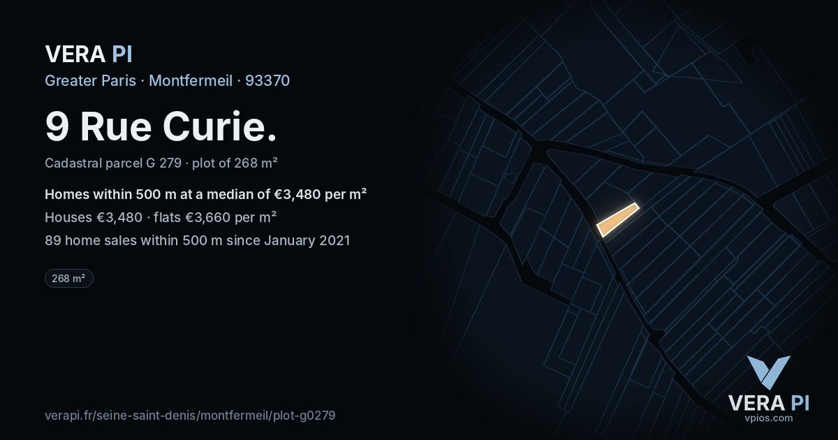 9 Rue Curie, Montfermeil at night – the plot lit, the parcels around coloured by the prices near them