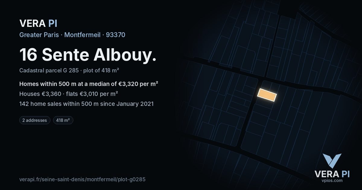 16 Sente Albouy, Montfermeil at night – the plot lit, the parcels around coloured by the prices near them