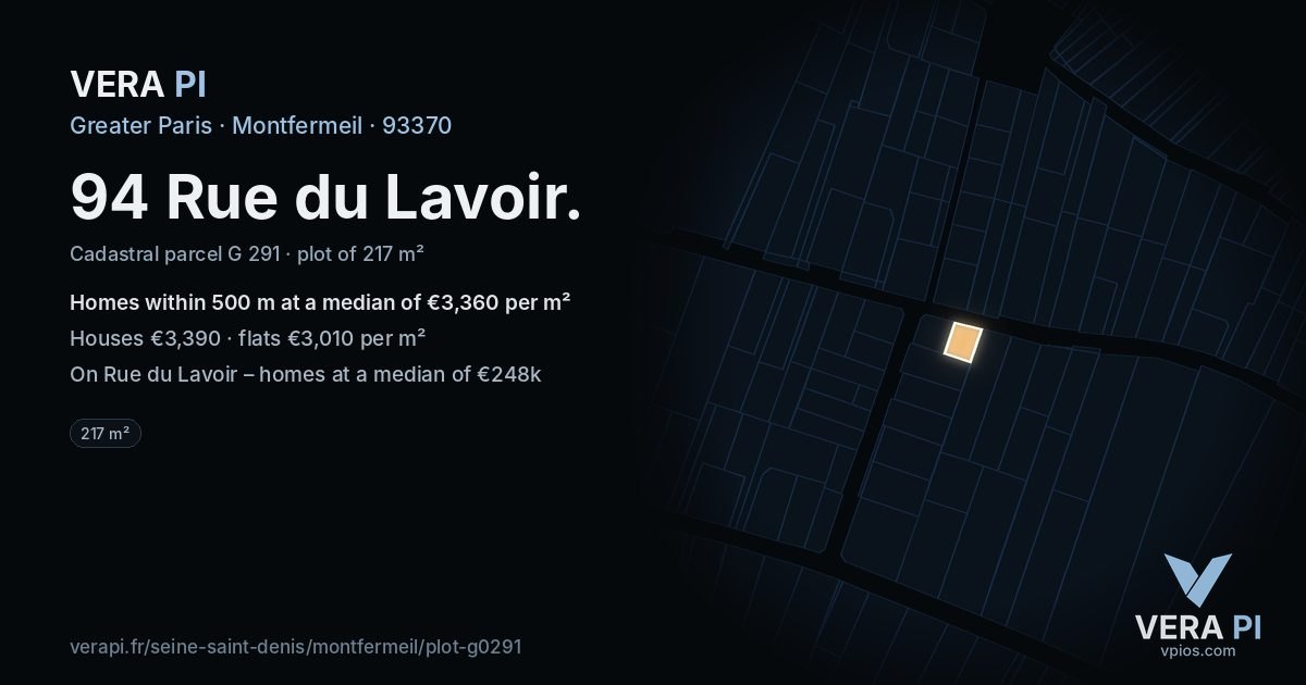 94 Rue du Lavoir, Montfermeil at night – the plot lit, the parcels around coloured by the prices near them