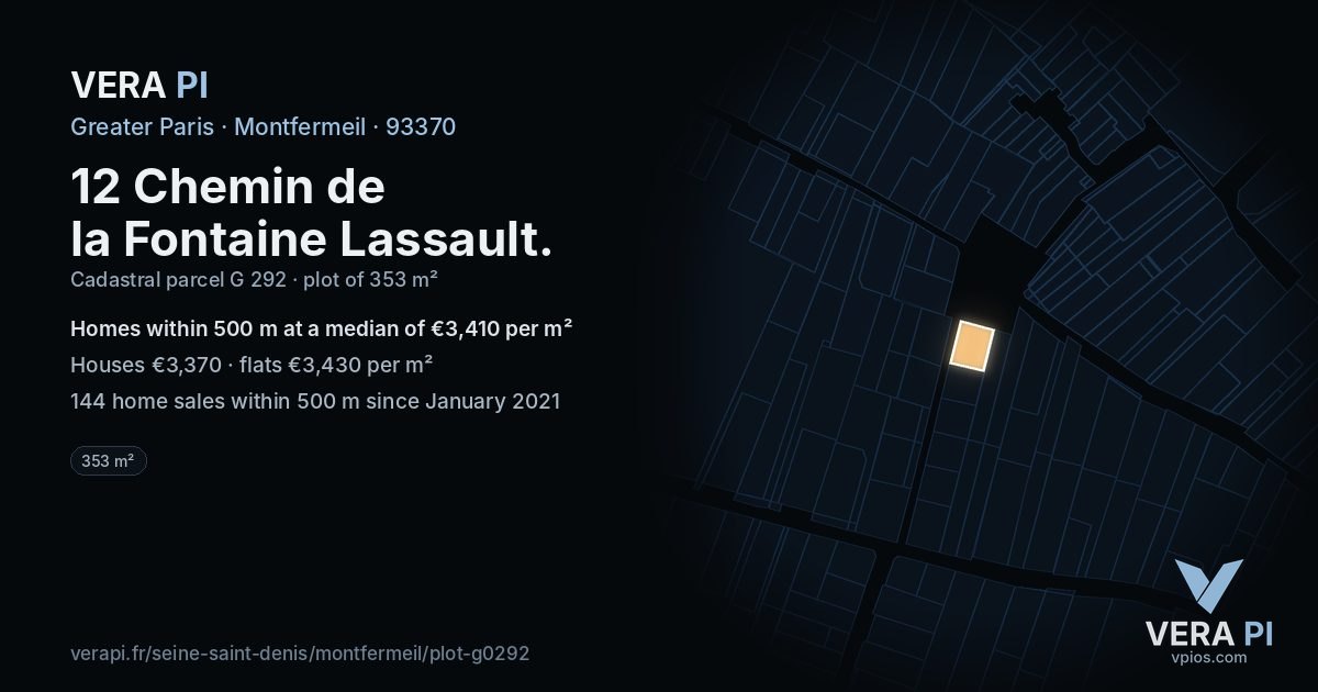 12 Chemin de la Fontaine Lassault, Montfermeil at night – the plot lit, the parcels around coloured by the prices near them