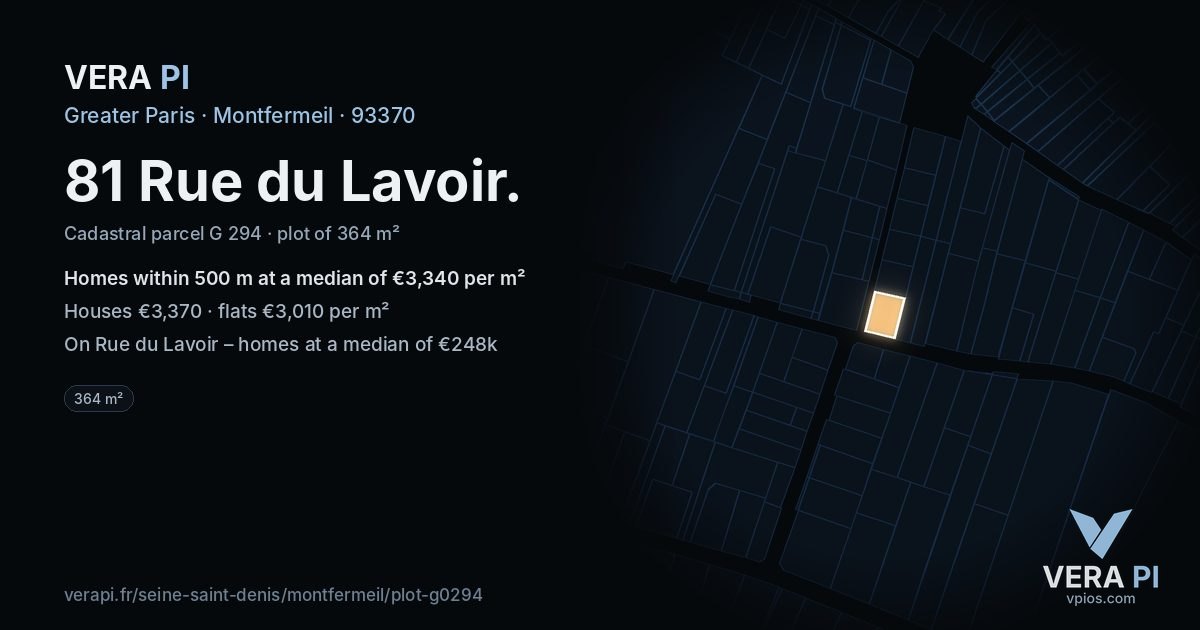 81 Rue du Lavoir, Montfermeil at night – the plot lit, the parcels around coloured by the prices near them