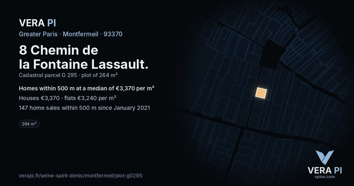8 Chemin de la Fontaine Lassault, Montfermeil at night – the plot lit, the parcels around coloured by the prices near them
