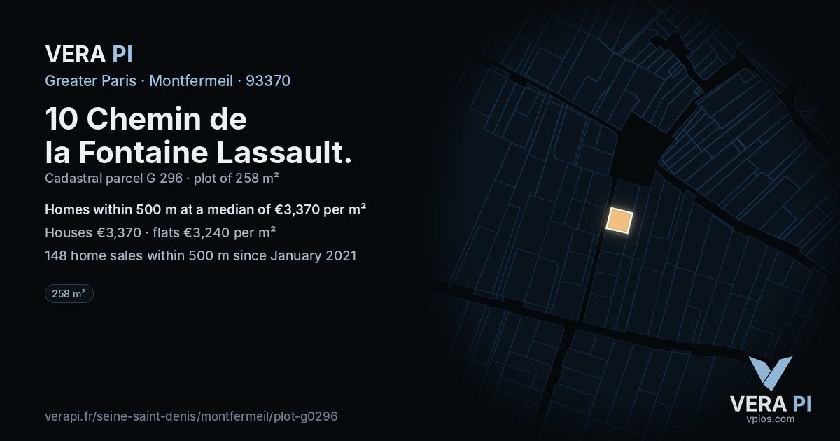 10 Chemin de la Fontaine Lassault, Montfermeil at night – the plot lit, the parcels around coloured by the prices near them