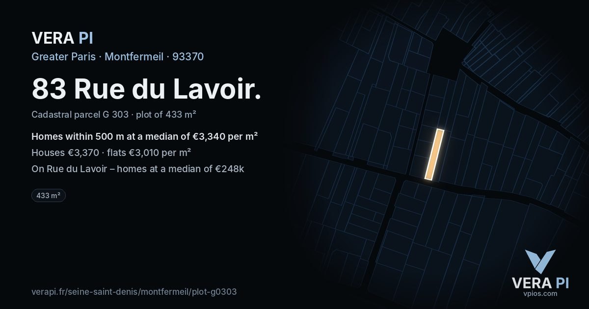 83 Rue du Lavoir, Montfermeil at night – the plot lit, the parcels around coloured by the prices near them