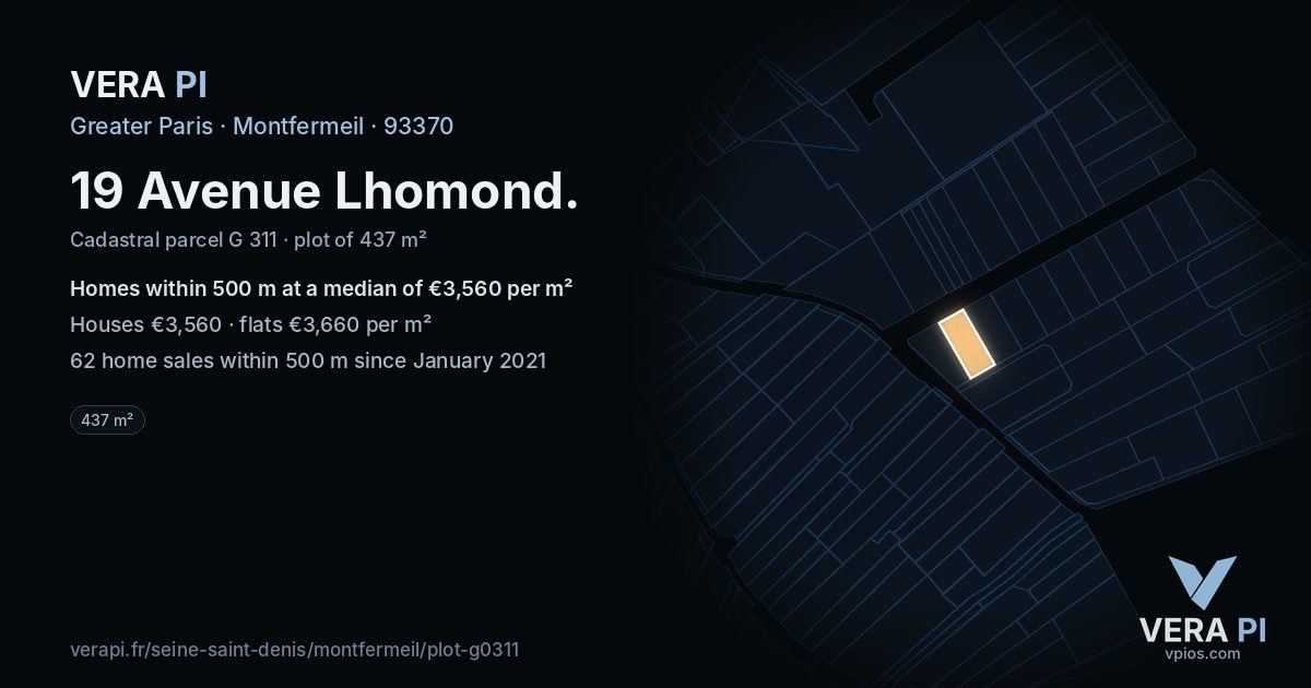 19 Avenue Lhomond, Montfermeil at night – the plot lit, the parcels around coloured by the prices near them