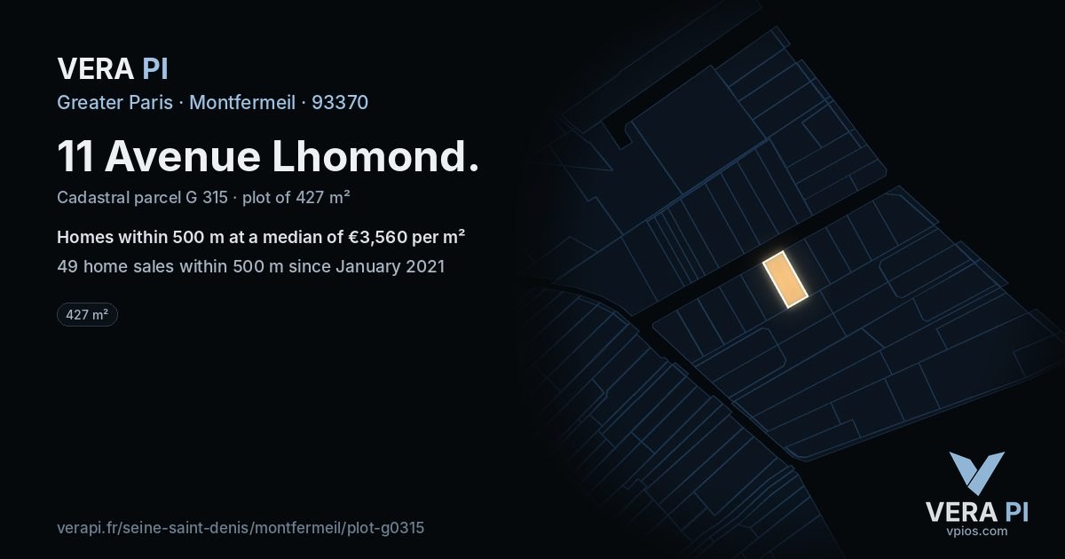 11 Avenue Lhomond, Montfermeil at night – the plot lit, the parcels around coloured by the prices near them