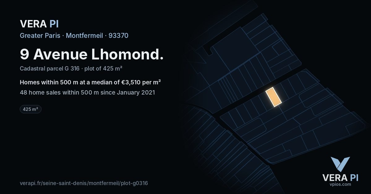 9 Avenue Lhomond, Montfermeil at night – the plot lit, the parcels around coloured by the prices near them