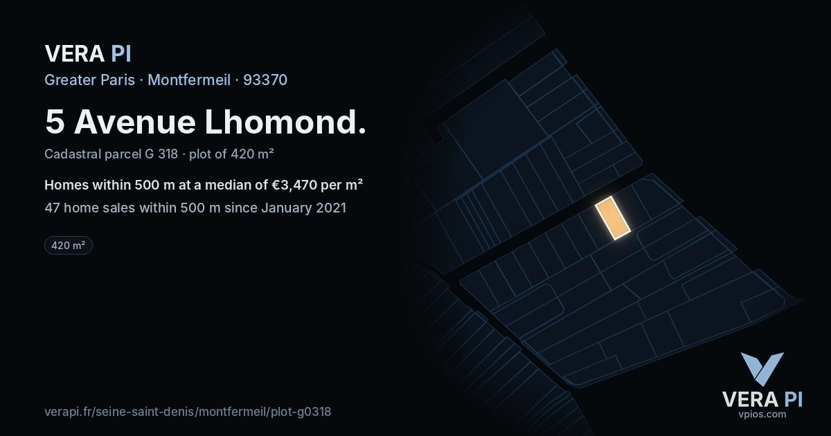 5 Avenue Lhomond, Montfermeil at night – the plot lit, the parcels around coloured by the prices near them