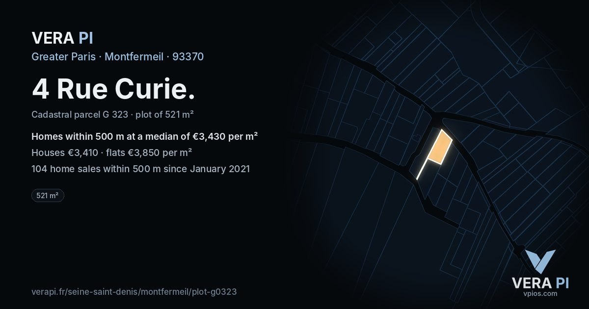 4 Rue Curie, Montfermeil at night – the plot lit, the parcels around coloured by the prices near them