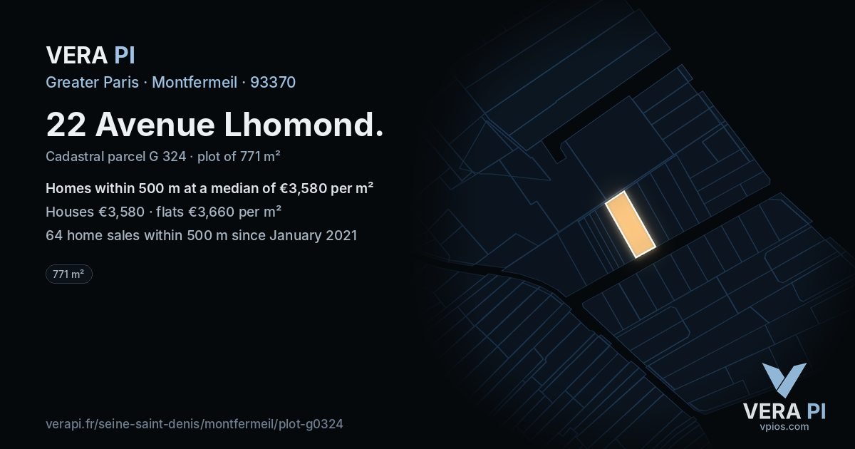 22 Avenue Lhomond, Montfermeil at night – the plot lit, the parcels around coloured by the prices near them