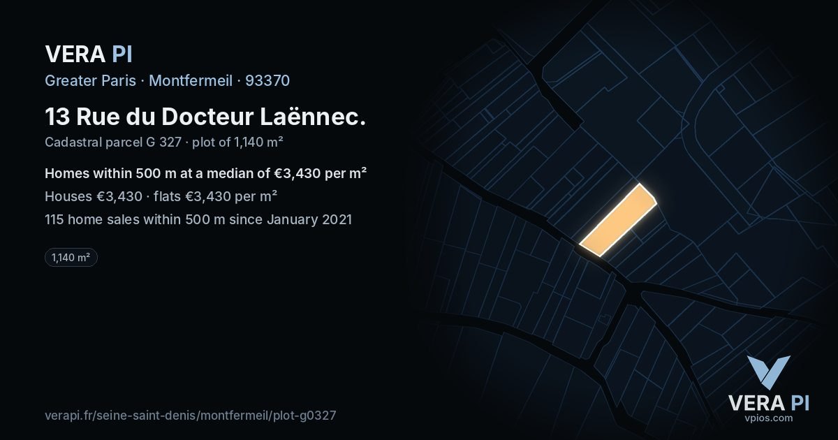 13 Rue du Docteur Laënnec, Montfermeil at night – the plot lit, the parcels around coloured by the prices near them